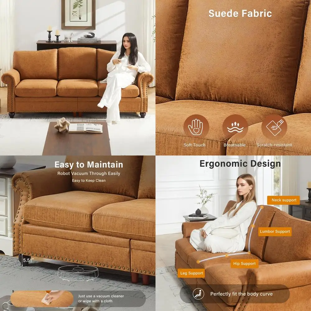 

Роскошный 3-местный замшевый диван из искусственной кожи, современный диван с глубоким сиденьем и закатами на подлокотниках, нейтральный цвет, удобная мебель для гостиной