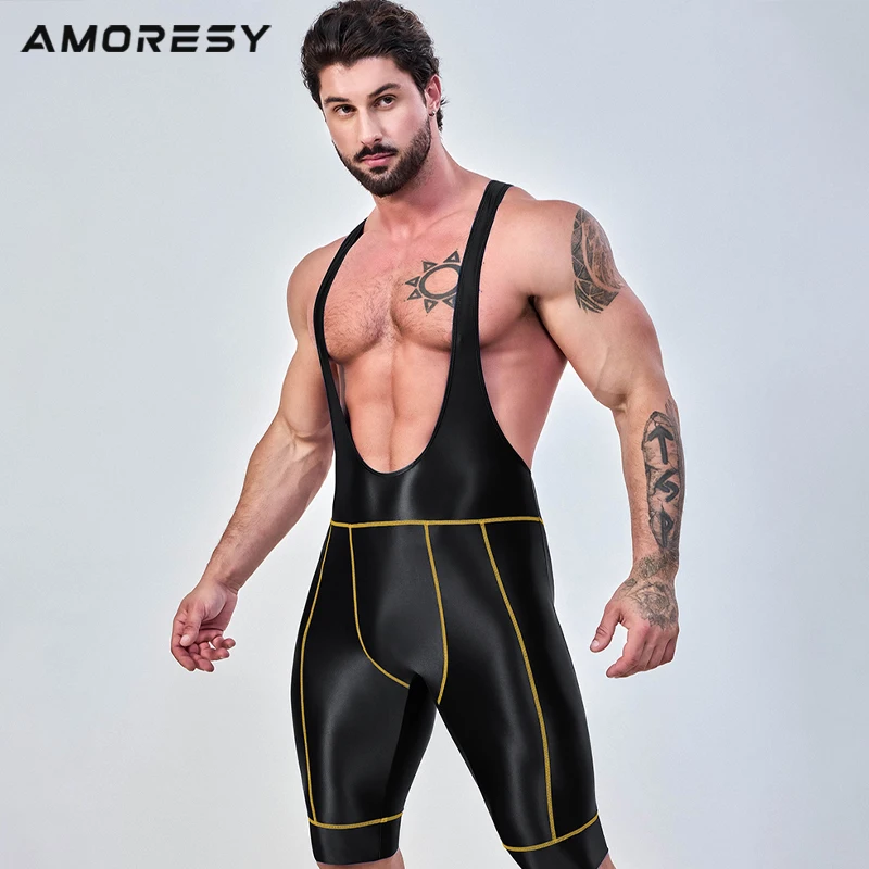 AMORESY Mens Satin Cycling Bibs Five-Dimensional Pants Tights Running Swim Overalls Oil Glossy Bicycle Road Shock Absorbing Bibs