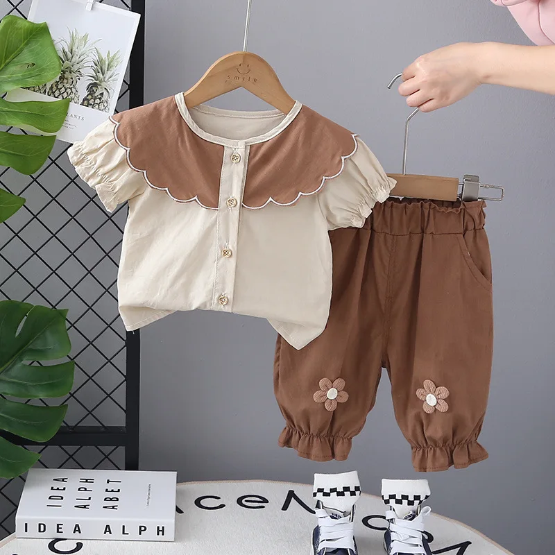New Toddler Summer Baby Girls Clothes Suits Children Big Wave Lapel Shirt +Flower Cropped Pants 2Pcs/Set Infant Fashion Clothing