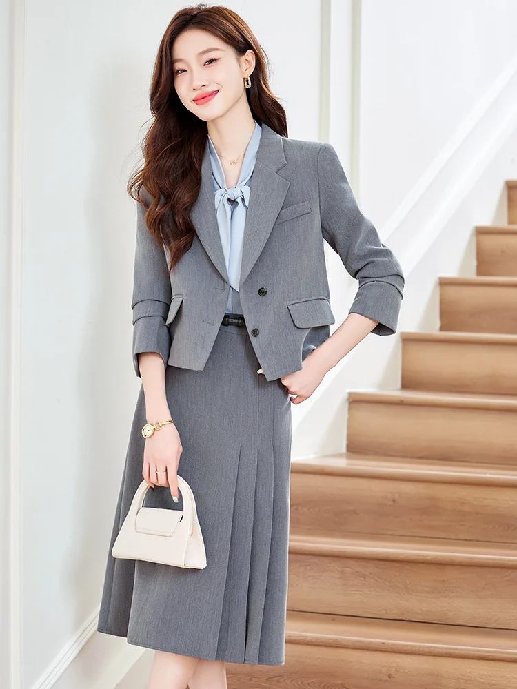 Gray Suit Set Women's Spring Autumn Interview Formal Work Commute Outfit Small Size Suit Jacket Professional Straight Leg Pants