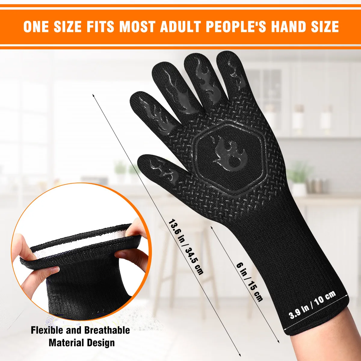 1Pair Non Slip Heat Resistant Silicone Oven Mitt Black Bbq Gloves High Temperature Gloves for Cooking Baking Grilling