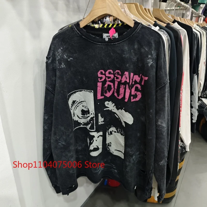 Men Premium Vintage Crewneck Sweatshirt Distressed Saint Graphic Pullover