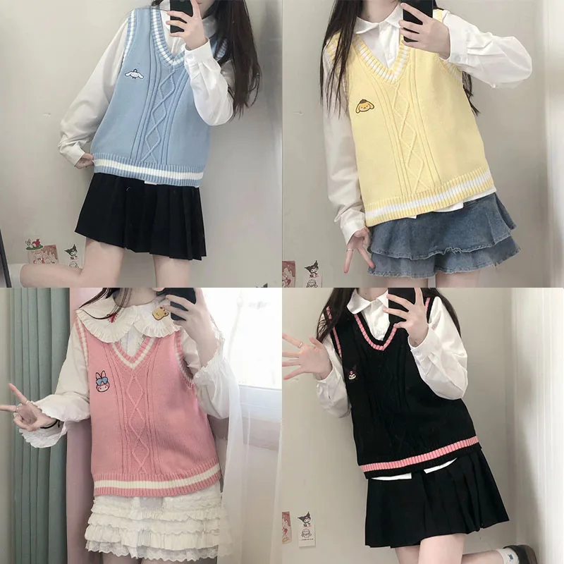 

Sanrios Cinnamoroll Kuromi Embroidery Autumn Winter Knitted Vest Women's Jk Tank Tops College Melody Sweet Soft Sweater Y2K Girl