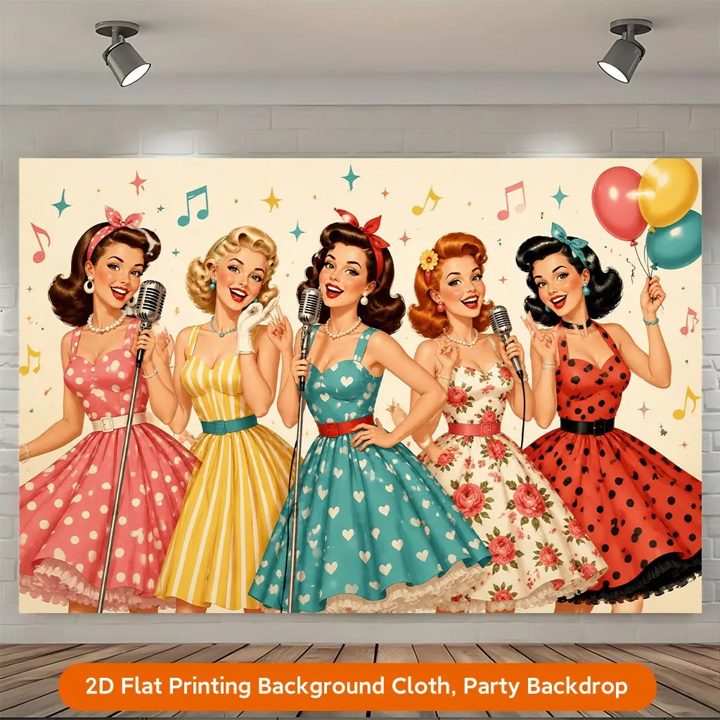 Retro 50s Pin Up Girls Singing Microphone Polka Dot Dress 2DFlat Tapestry Backdrop For Birthday Party Decor Vintage Wall Hanging