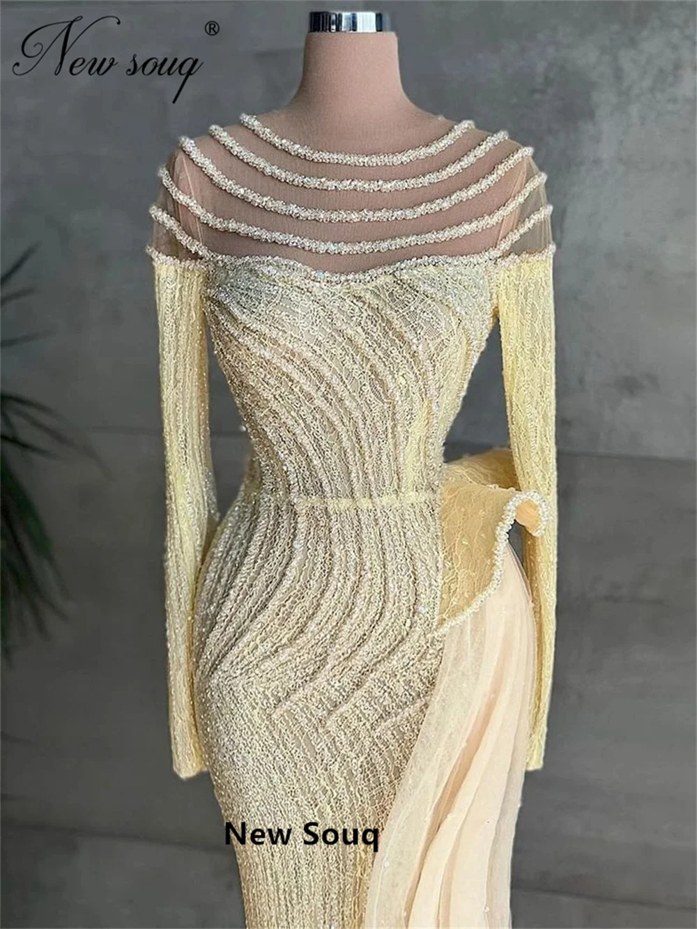 Elegant Yellow Beads Evening Dresses Long Sleeve Mermaid Party Dress Custom Made Arabic Dubai Prom Gown For Women Robe Du Soir