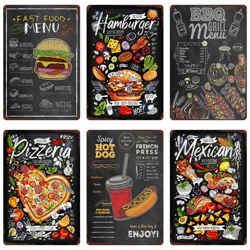 

Fast Food Menu Vintage Tin Sign BBQ Menu Metal Poster Burgers Pizza Wall Decoration for Party Ktichen Restaurant Home Decor N460