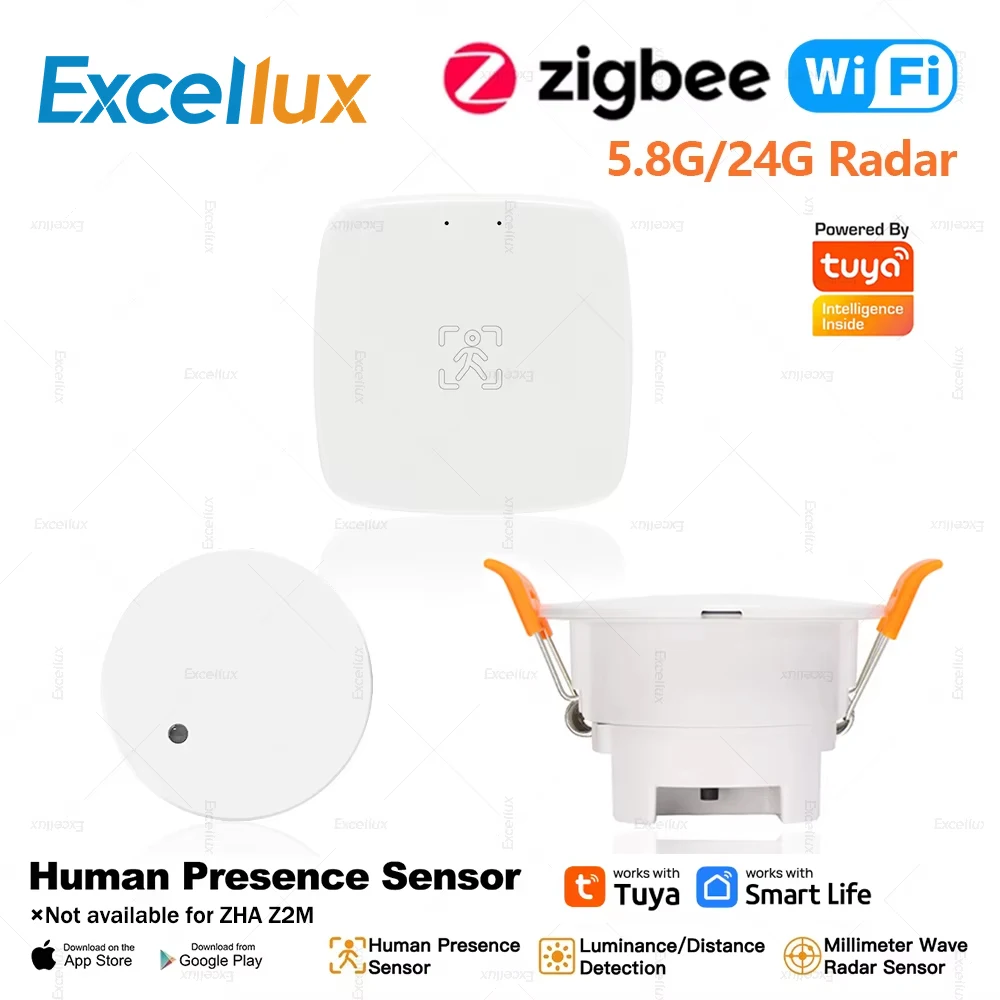 Czujnik obecności Excellux Tuya WiFi/Zigbee, radarowy detektor ruchu, mikrofalowy czujnik ruchu, wykrywanie jasności, inteligentna automatyzacja życia