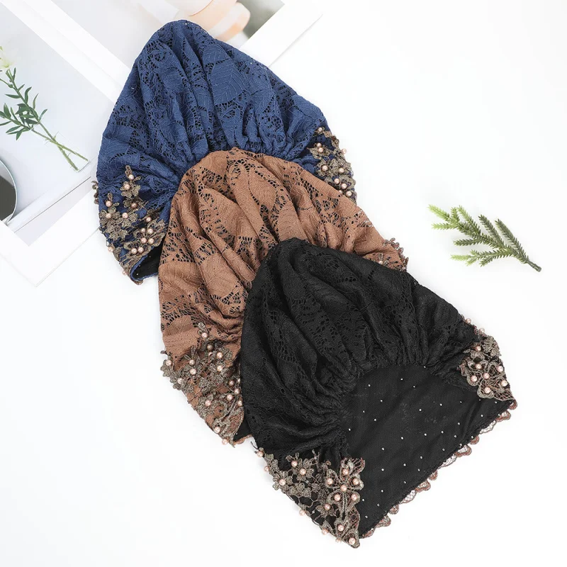 1 pc Woman Silk Pearl Turban Hats Hair Accessories Embroidered Beaded Ethnic Style Muslim Women Scarf Caps