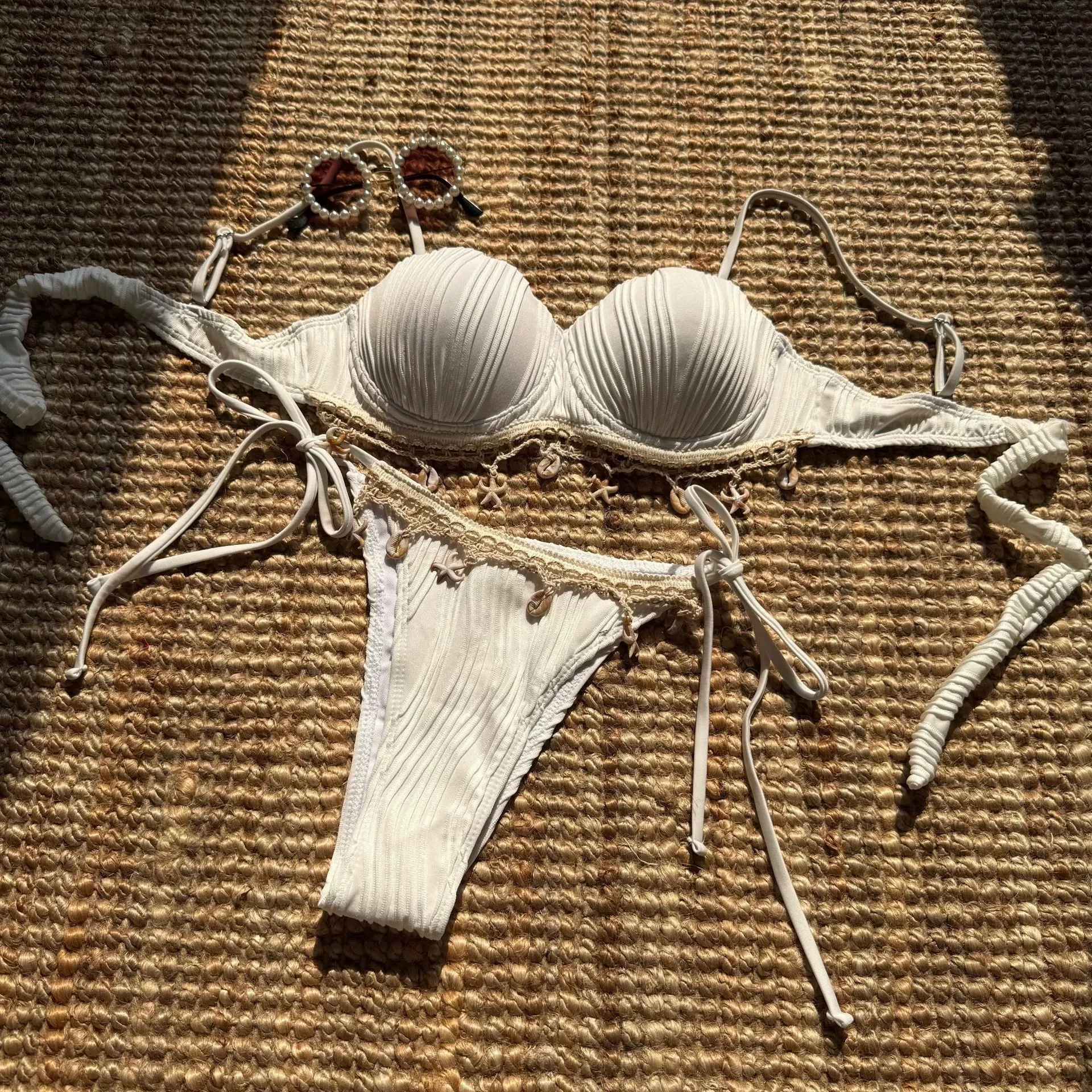 

DEKA Shell Scalloped Wrinkled Bikini Set Women Swimsuit Decoration Solid Backless Female Underwired Bra Cup Swimwear Bathing
