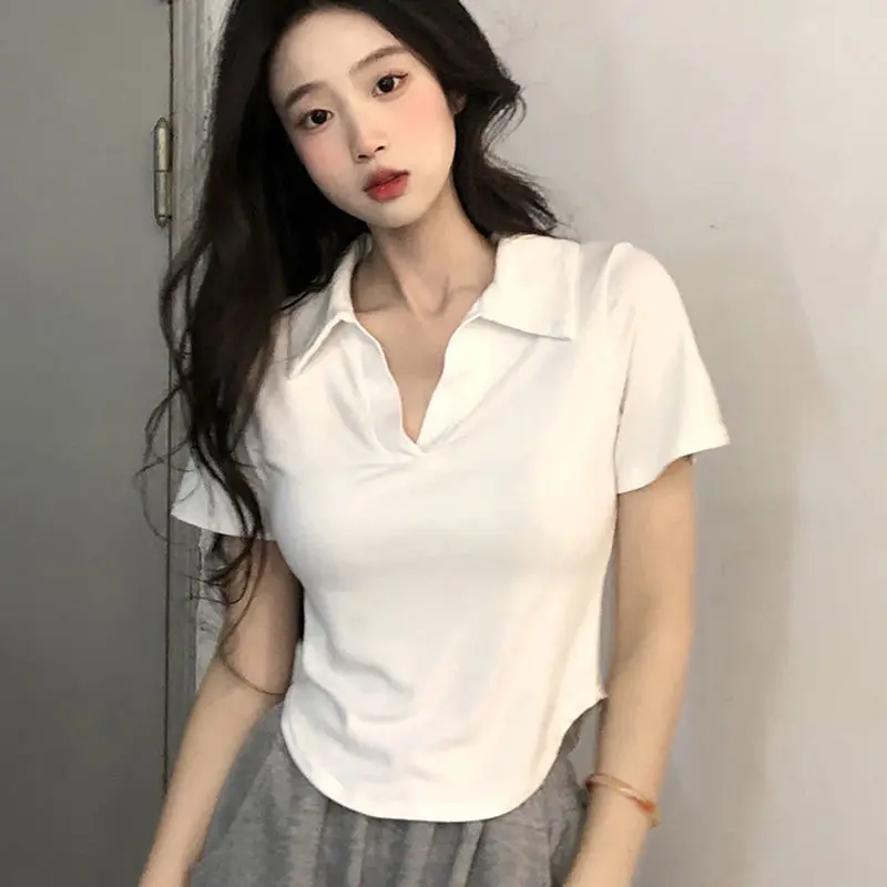 

Women's Clothing V-Neck Short Sleeve T-Shirt Summer Black & White Polo Fit Slimming Asymmetrical Cropped Top Solid Color