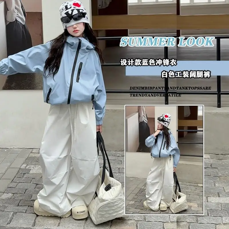 

Kawaii уличные куртки для девочек, комплект рабочих брюк, студенческий весенне-осенний повседневный топ с героями мультфильмов, длинные брюки, комплект из 2 предметов, детская одежда