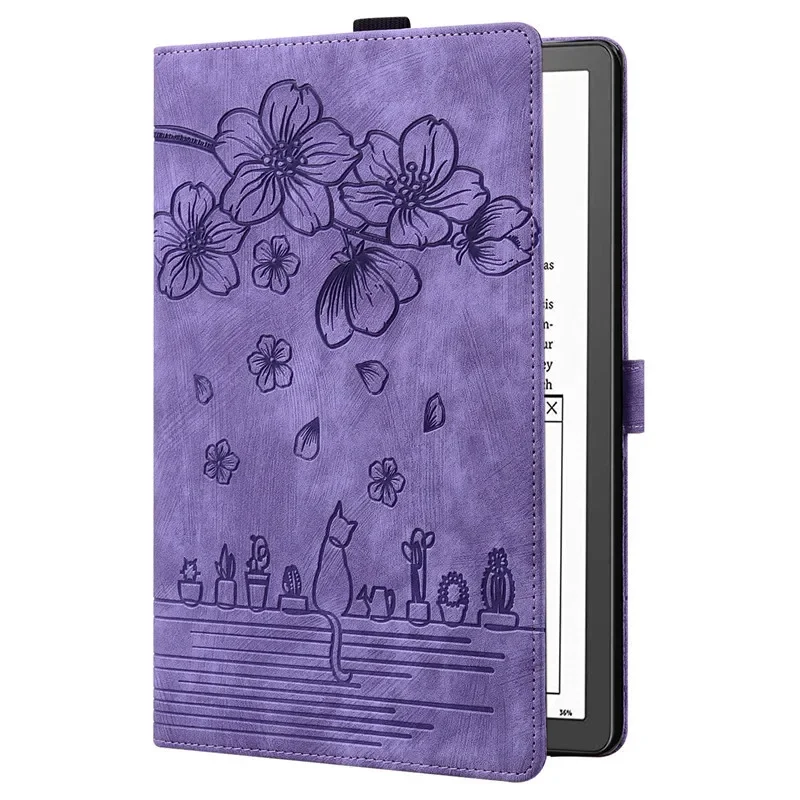 For Kindle Scribe Case 10.2 Inch Cute Cat Flower Embossed PU Leather Magnetic Shell Soft Silicone Back for Kindle Scribe Cover