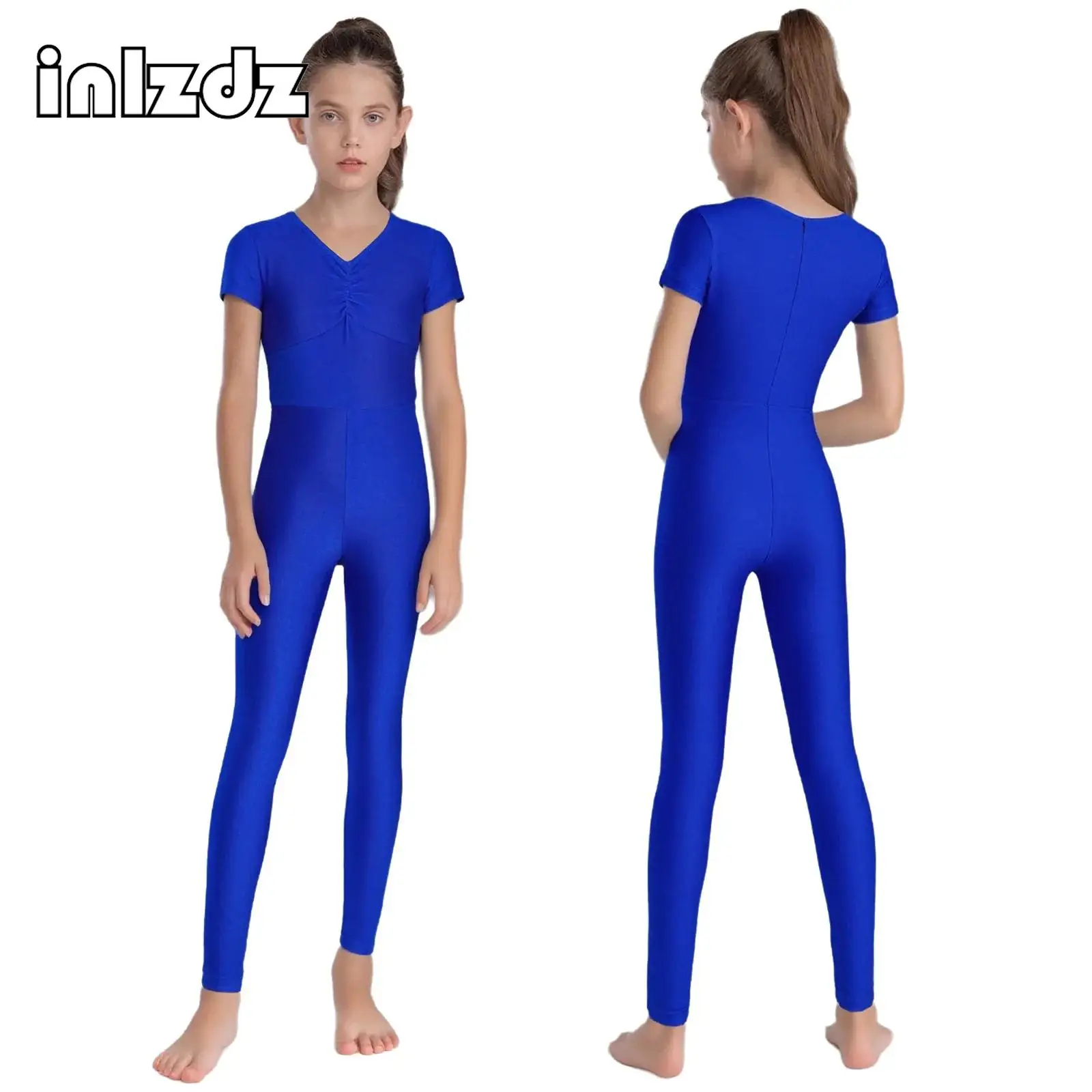 

Kids Girls Gymnastics Dance Tight Jumpsuit Ruched Front V-Neck Short Sleeve Figure Skating Ballet Bodysuit Performance Dancewear