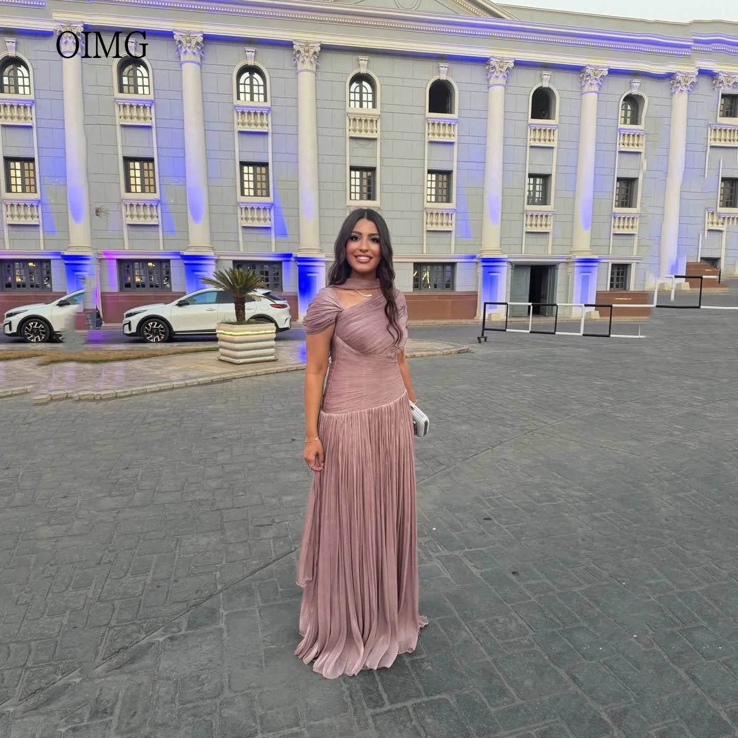 

OIMG Блестящие платья для выпускного вечера с короткими рукавами и открытой спиной, плиссированное вечернее платье длиной до пола, вечернее платье, платья de festa по индивидуальному заказу