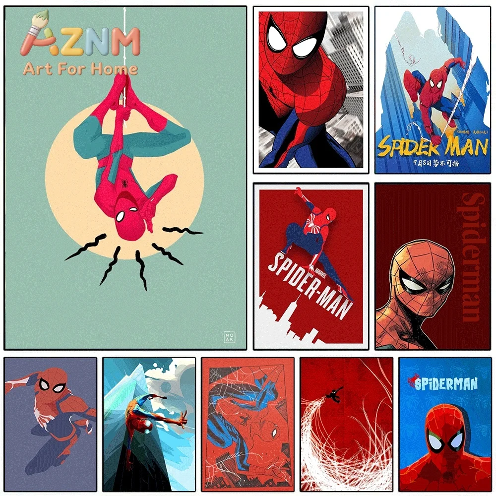 Spider Man Upside Down Hanging On Web Light Green Background Marvel Superhero Canvas Wall Art No Frame Canvas Painting Poster