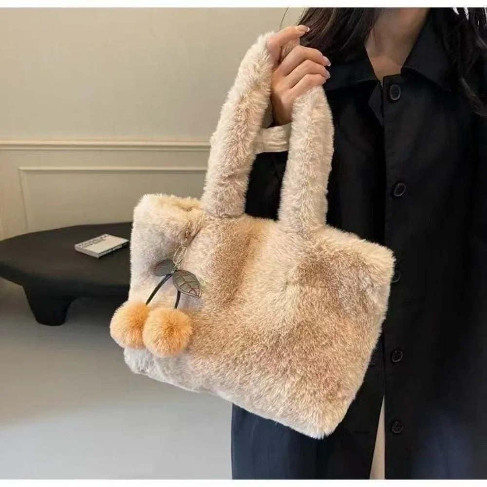 Cute Tote Bag Soft Large Capacity Furry Handbag Cherry Ornament Cherry Shoulder Bag Women