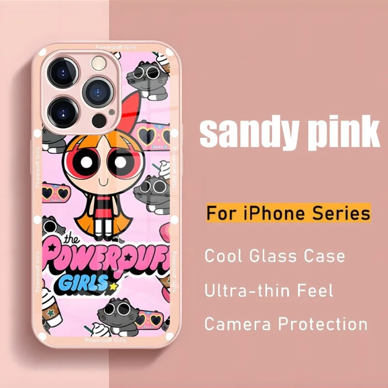 

Lovely Powerpuff Girls Phone Case For Iphone 14 13 12 11 Pro Max X XS XR 7 8 Plus 2020 SE Metallic Paint Glass Mobile Phone Case