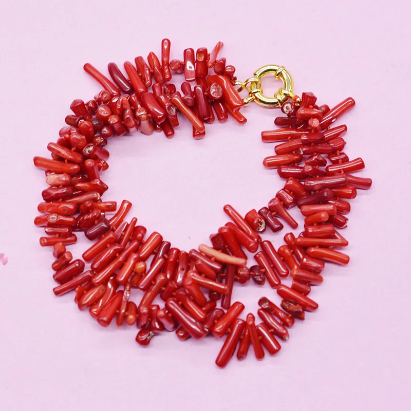 Coral Bracelet  !  Classic 3 strands of natural irregular orange coral bracelet  9.5\