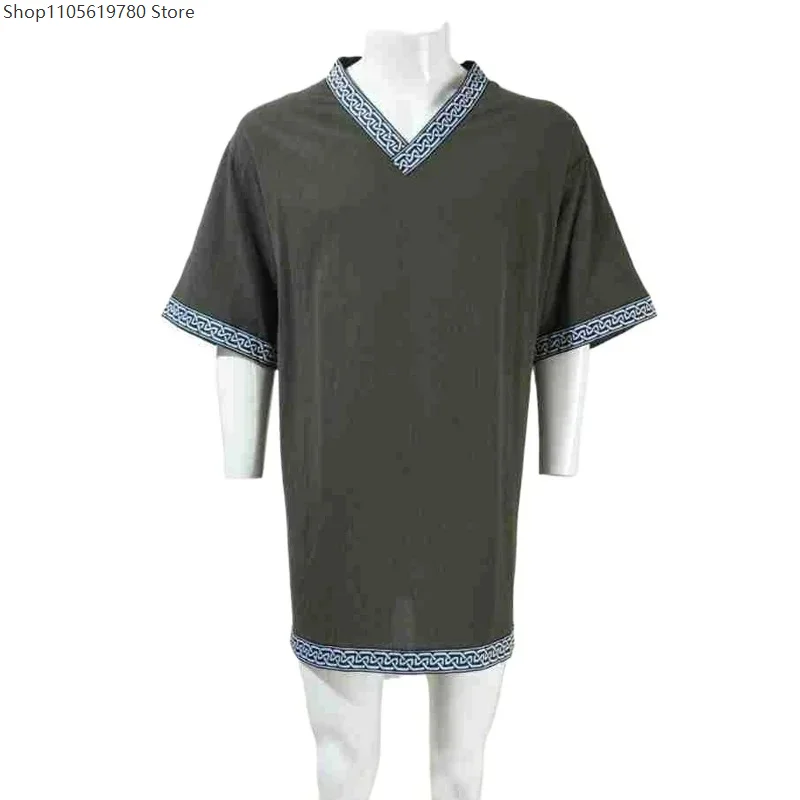 Loose Cut V‑Neck Short Sleeve Cosplay T‑Shirt Cotton Linen Breathable Casual Top Men Holiday Outfit For Live Show Occasion