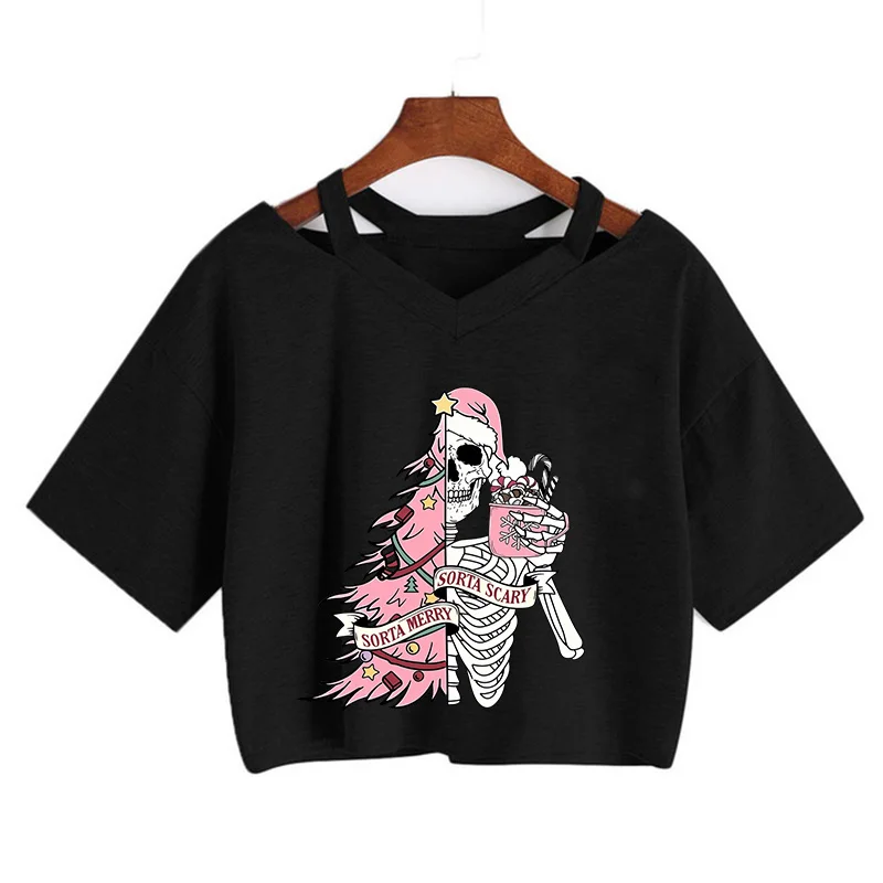 Women's Gothic Mexican Folk Art T-Shirt Calavera Catrina Skeleton Print Crop Tops Day of The Dead Design Croppe T Shirt Clothes