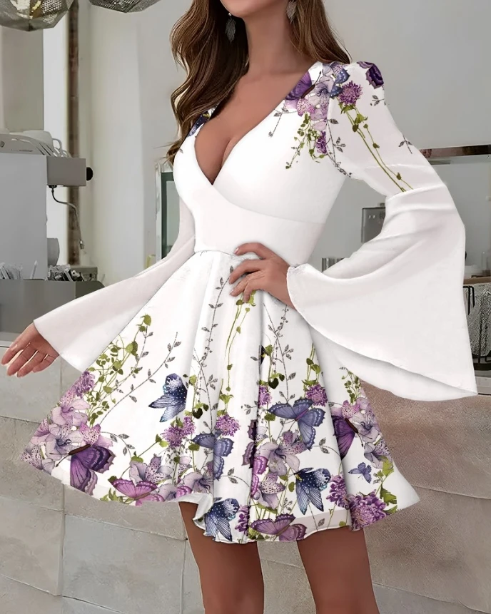 

Female Elegant Butterfly Floral Print Bell Sleeve Dress Temperament Commuting Women's Summer Clothes 2024 Women A Line Dresses