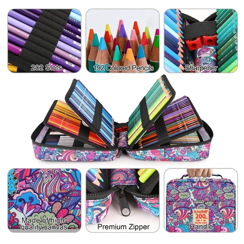 KALOUR 200 Colored Pencil Set in Portable Zipper Case Artist Grade Soft Core Vibrant Pigment Professional Draw Kit Art Supplies