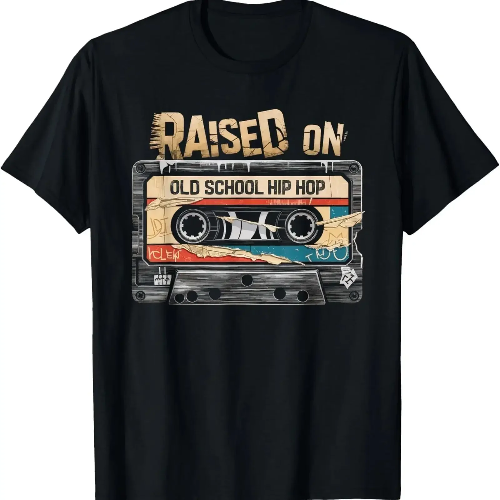 Raised ON Old School Hip HOP T Shirt Cassette Graffiti Rap unisex vintage Washed streetwear Top For Everyday Wear Versatile