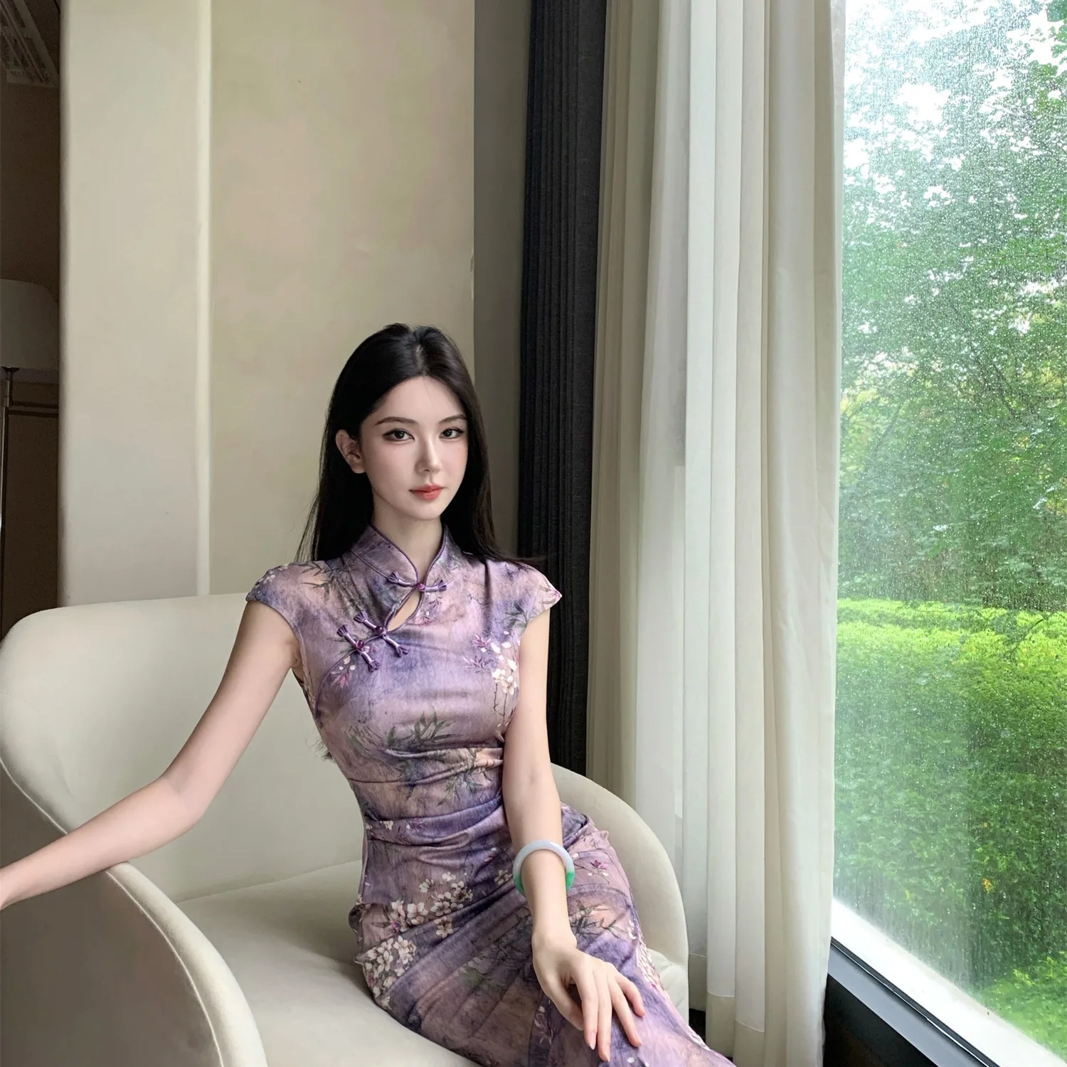 Retro Republic of Chi Improved  Print Split Pleated Dr ort Sve Mid-Length Chinese Sle Women's Faion