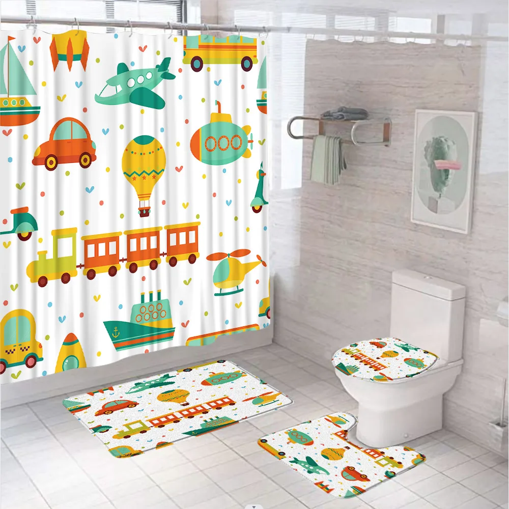 Cartoon Toy Car London Soldier Bathroom Sets Shower Curtain Rug Toilet Cover Bath Mat Cute Kids Home Decor Fabric Bath Curtains