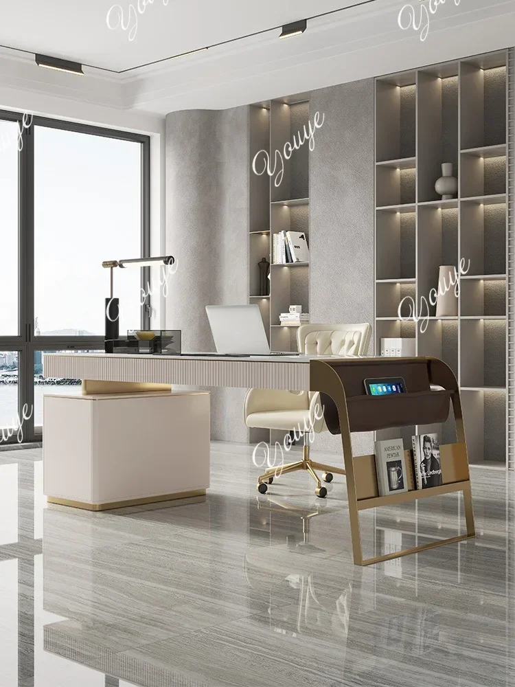 B-C Light Luxury Modern Slate White Marble Desk Office Table Chair Consultation Reception Desk High Sense