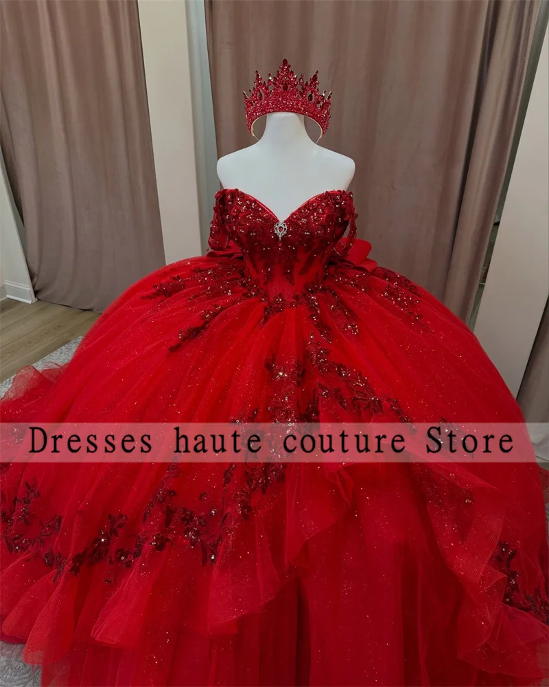 

Customized Red Tulle Appliques Quinceanera Dress 2025 With Bow Beaded Crystal Corset Sweet 16 Dress Vestidos De 15 Anos