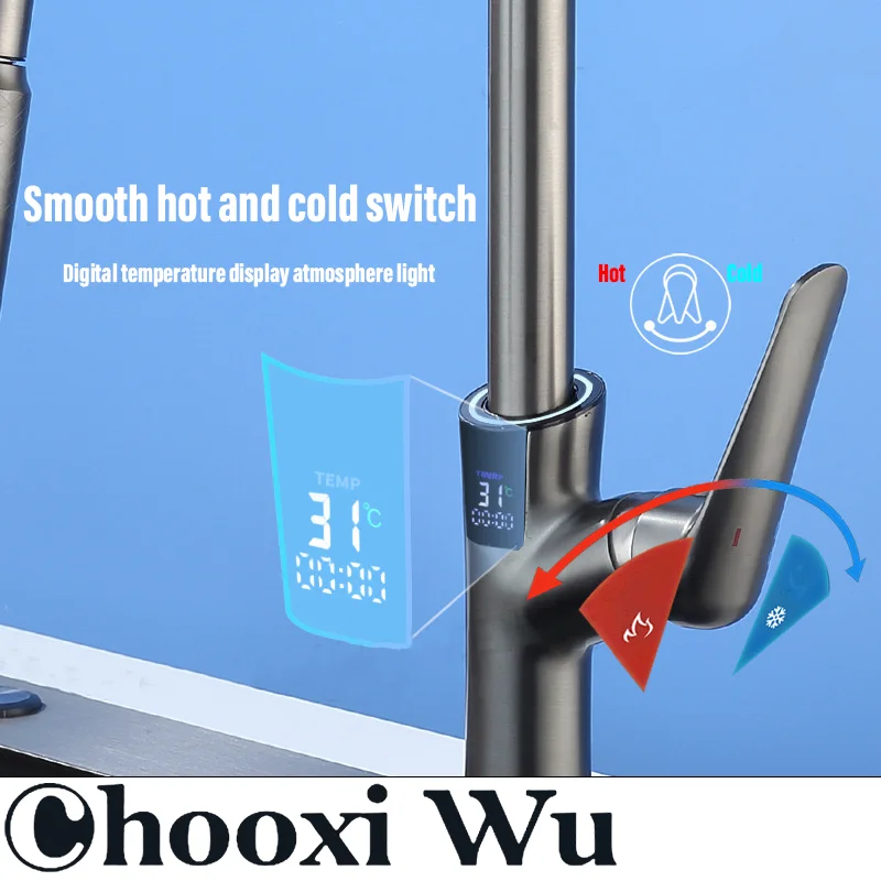 CHOOXIWU-Kitchen pull-out digital display faucet, dual hot and cold controls, hydroelectric power