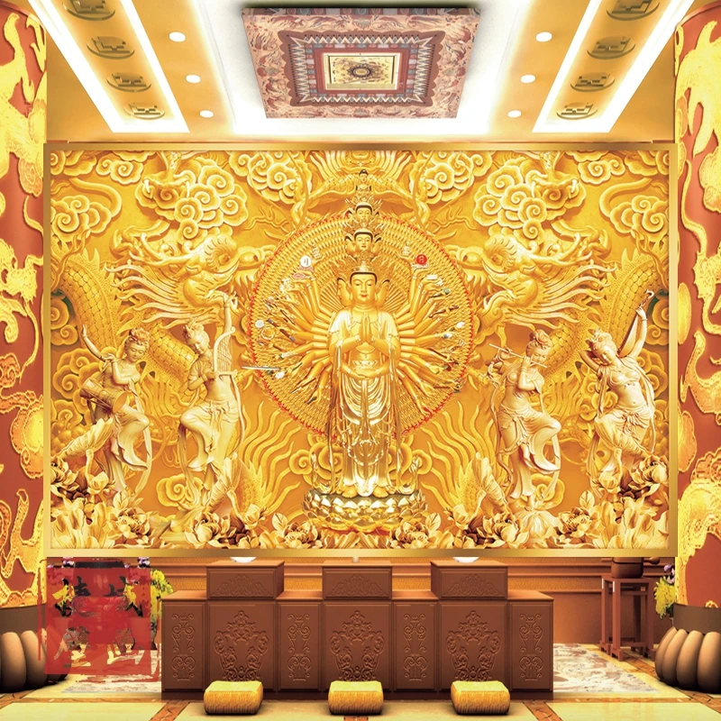 

Золотые обои Тисяча рук Гуаньинь, фреска Шакьямуни, зал Будды, настенная бумага, статуя Будды, размер гостиной, настройка