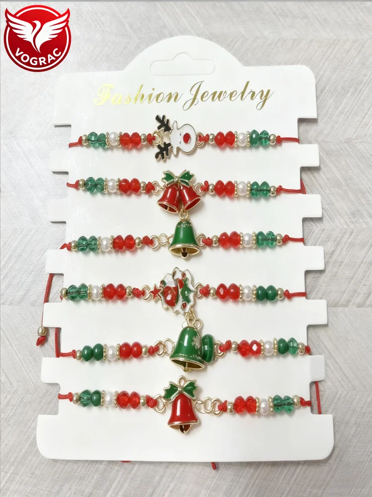 Novo 2026 um conjunto de pulseira de charme de natal de 6 peças, feito à mão para mulheres, usando cristal artificial, pedra de aniversário de junho, estilo anime