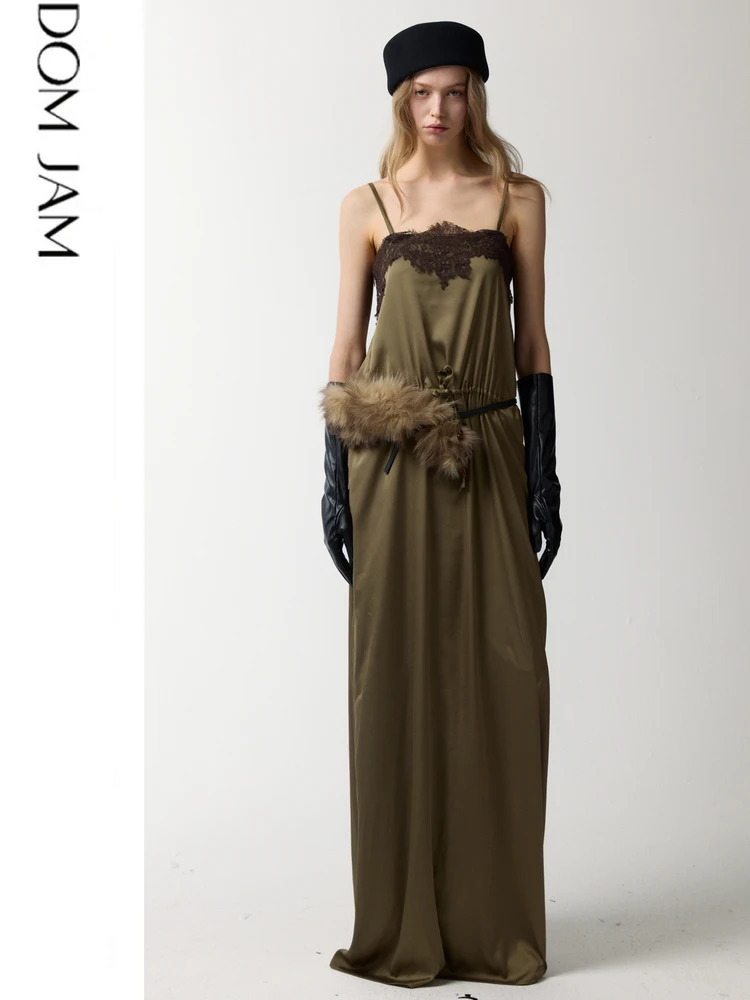 

Женское повседневное платье-миди с завышенной талией, свободного кроя, с кружевным поясом, в стиле H-Line, для работы и повседневной носки, цвета хаки.