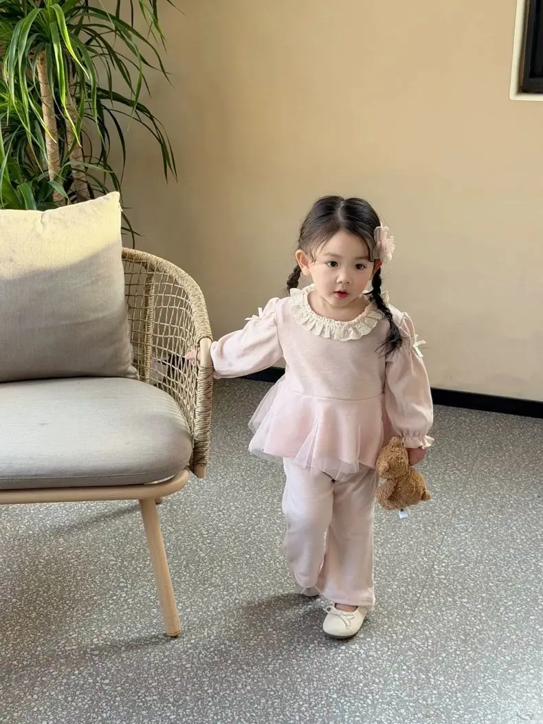 Girls' Sweet Set 2026 New Spring Baby Korean Edition Mesh Bow Doll Shirt Bellbottom Pants Two Piece Set