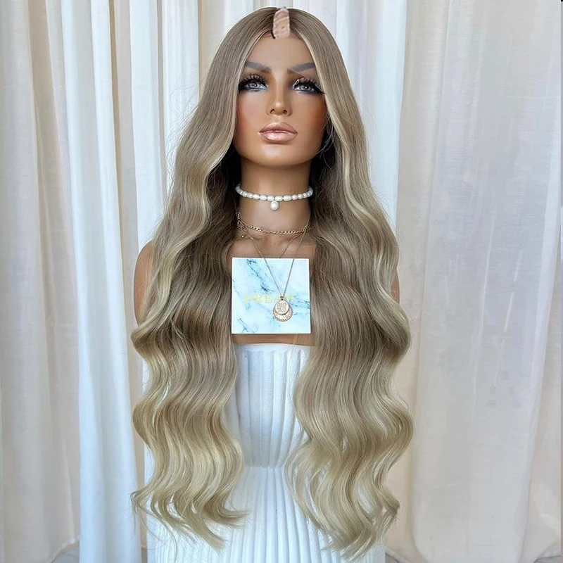 Ombre V Part Light blonde lace front wig 100% human hair Wig comfortable up brown body wave Peruvian hair 250% density 28 inches