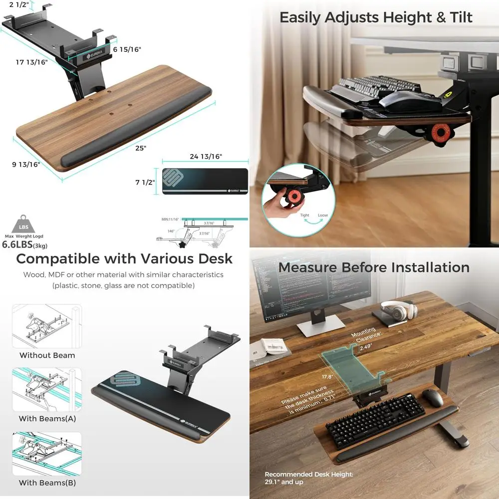 

Adjustable Height Swivel Keyboard Tray with Mouse Pad, 25x9.13 Sliding Platform for Under Desk, Walnut