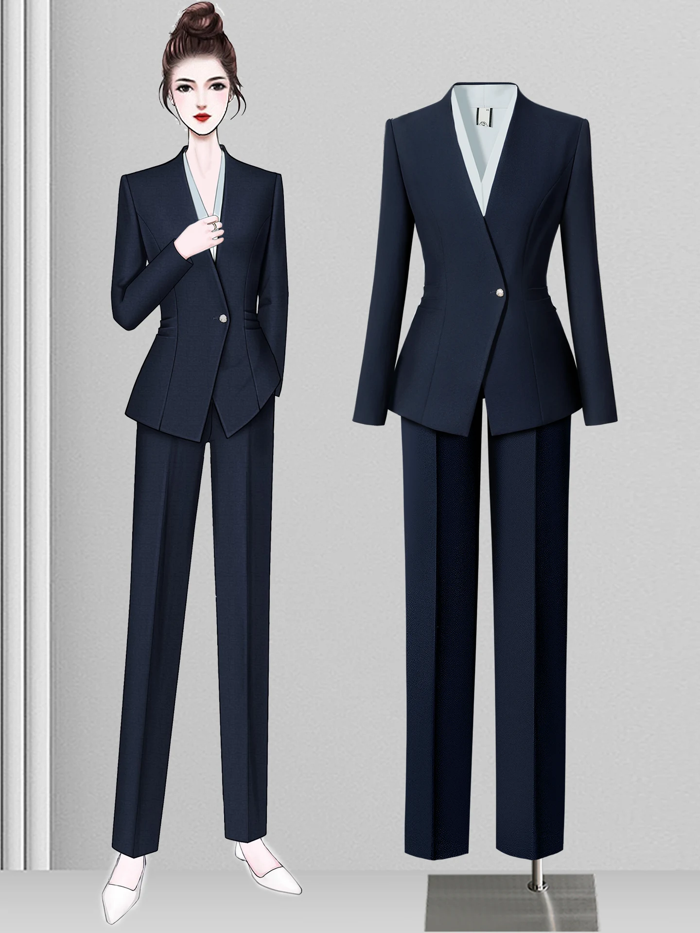 Elegant Managerial Women's Suit Set Autumn Winter Professional Jewelry Store Work Uniform Long Sleeve Polyester Blend
