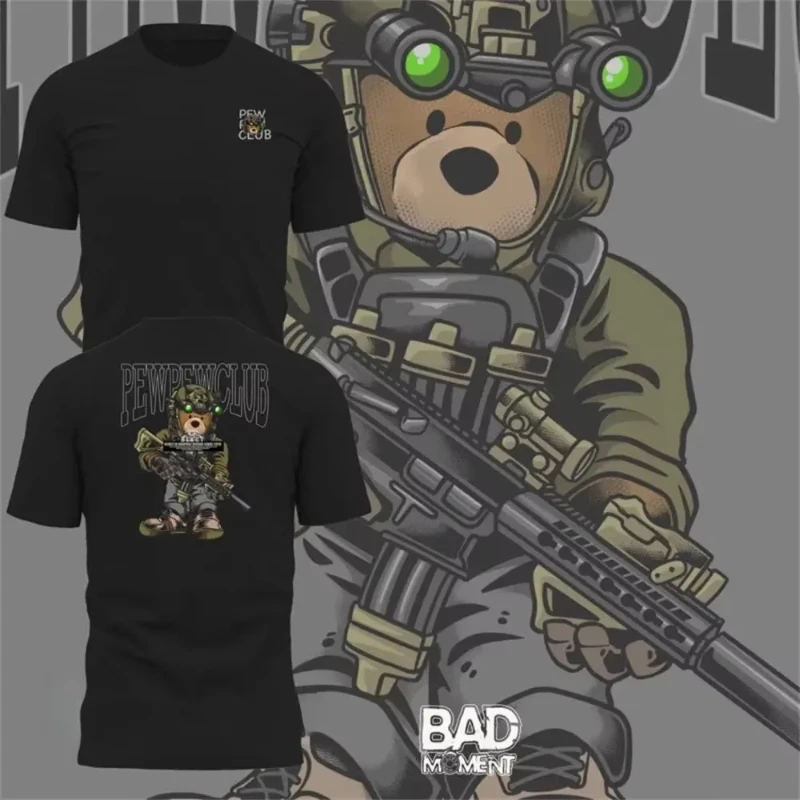 2026 New Tactical Family Matching Unisex Oversized T Shirt Tactical Bear Cartoon Double Sided Print Black Streetwear Tops