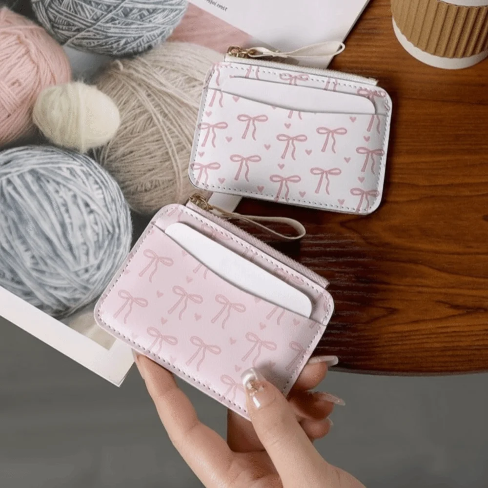 Fashion PU Leather Bow Wallet Multi-card Slot Zipper Short Card Bag Storage Multi-functional Card Holder Outdoor