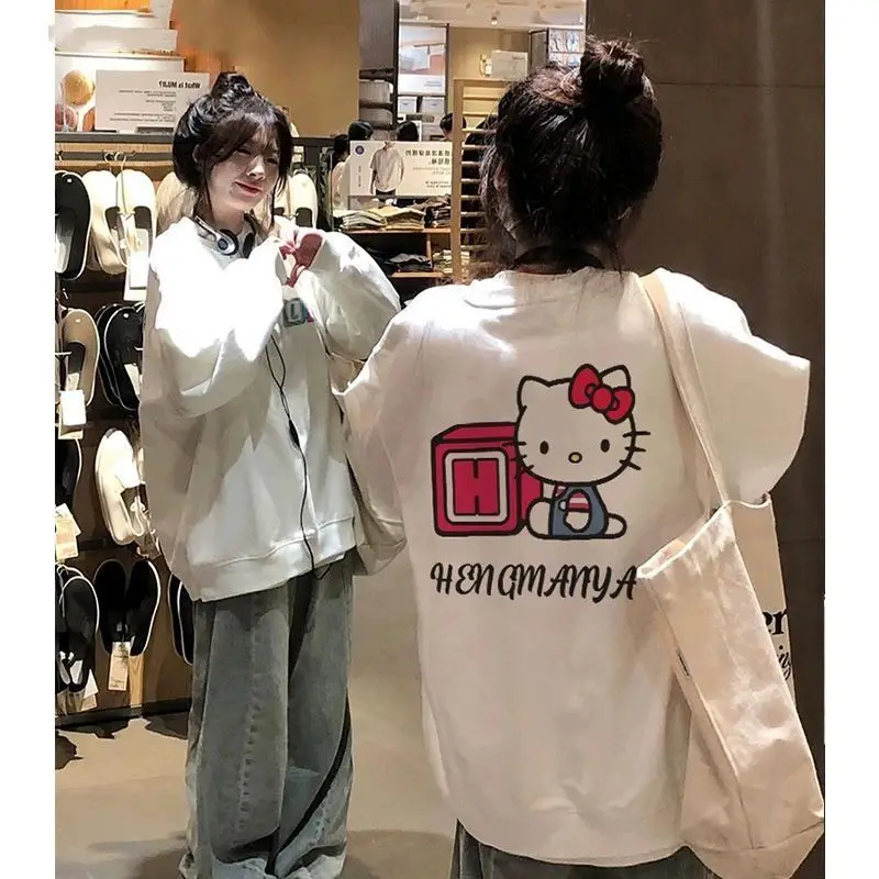 Sanrio Hello Kitty Cute White Streetwear Women\' Y2k Clothing Hoodie Sweatshirt Campus Hoodie Female Oversize Street Tops Hoodies