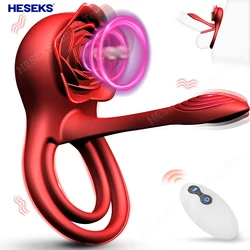 HESEKS 4 in 1 Vibrating Penis Ring Vibrator Cock Delayed Ejaculation Clitoral Stimulator Rose Sex Toy for Men for Couple