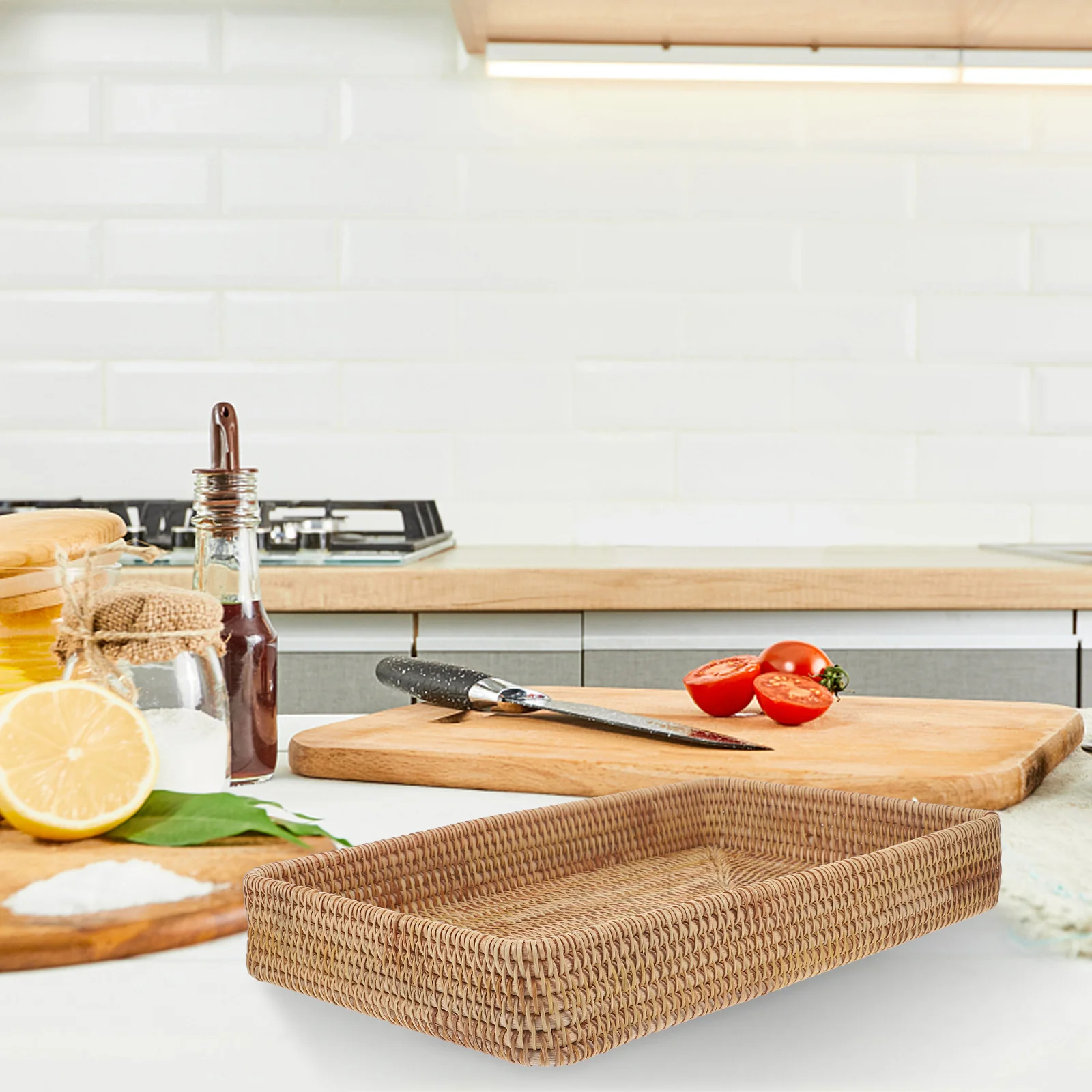 

Rattan Tray Woven Storage Organizer Decor Rectangle Wood Large Size Decorative Rattan Storage Tray Serving Bohemian Home Tool