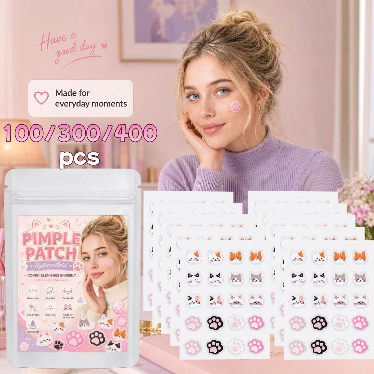 100/300/400pcs Cat & Paw Print Pimple Patches, Ultra-Thin, Breathable, Lightweight, Comfortable for Everyday Wear