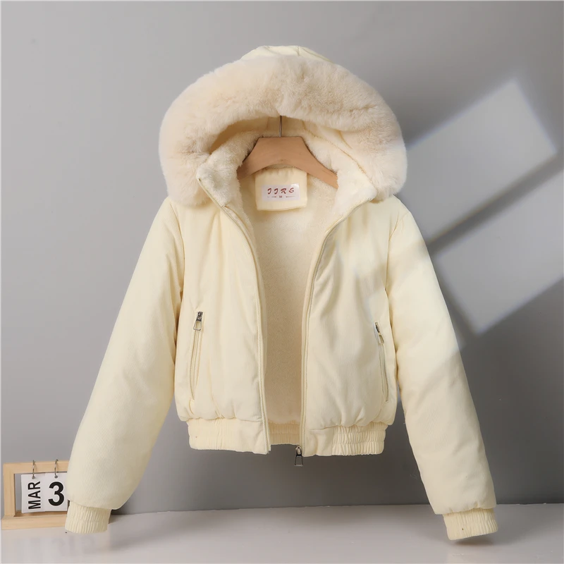 2026 New Womens Short Corduroy Quilted Puffer Coat Removable Hood Faux Fur Edge Sherpa Lined Warm Winter Cropped Outer Garment