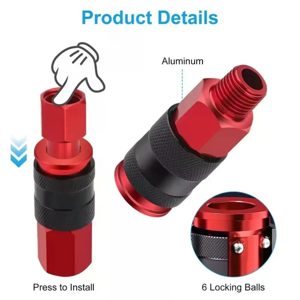 1/4 Inch NPT Thread Air Coupler Plug Kit Red Coating Aluminium Lightweight Air Compressor Accessories Universal Fitting