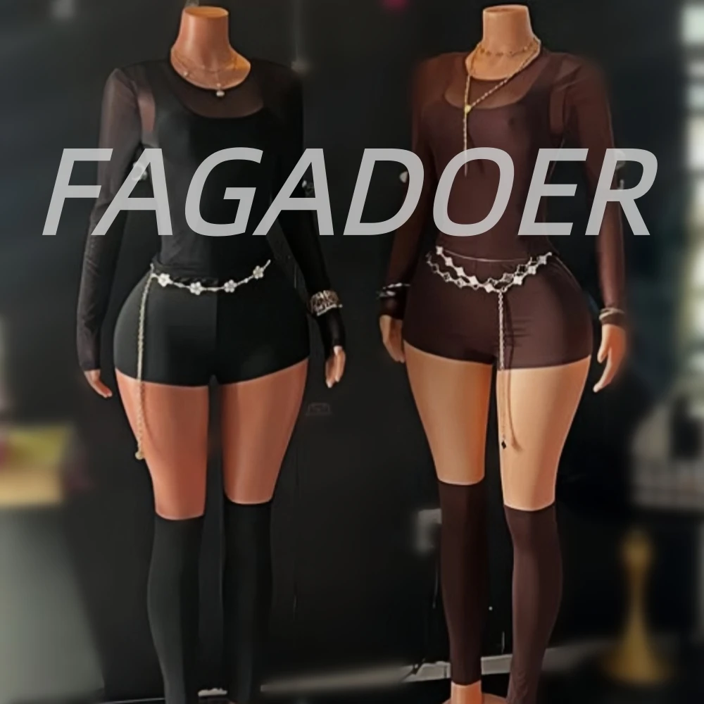 FAGADOER Sexy Mesh 4 Pieces Set for Woman Outfits Solid Color Long Sleeve Crop Top + Shorts Matching Female Streetwear Clothing - Image 2