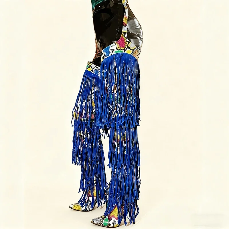 

Snake Pattern Tassel Belt Pointed Toe High Heel Boots Woman Winter 2026 Stiletto Sexy Thigh Boots Fashion Over-The-Knee Boots