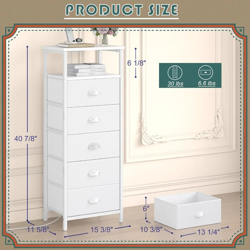 منضدة مع قاعدة شحن، منضدة بيضاء LED مع 5 أدراج قماشية، لمسة نهائية من البولي يوريثان، طاولات جانبية للسرير، مساحة تخزين مفتوحة من طبقتين